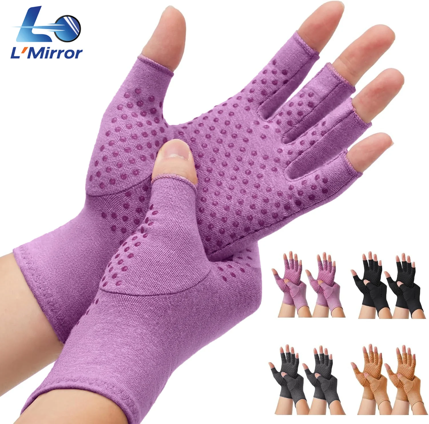 L●Mirror Hand Arthritis Compression Gloves 2 Pairs, for Hand, Rheumatoid, Osteoarthritis, Carpal Tunnel Pain,Anti-Slip Glue dot