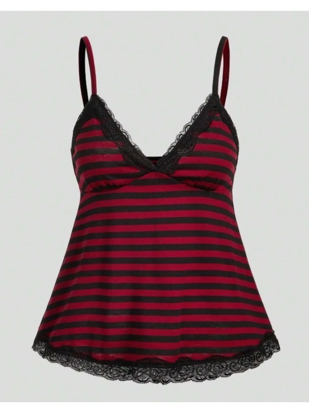 Women Striped V Neck Cami Top Lace Trim Spaghetti Strap A‑Line Swing Hem Sleeveless Camisole For Casual Home Daily Loungewear