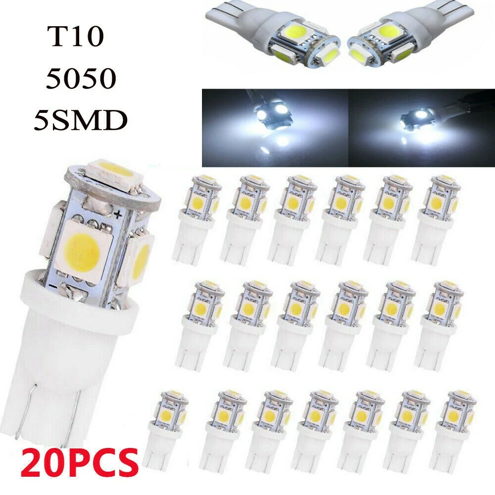 20Pcs Super White T10 Wedge 5-SMD 5050 LED Light Bulbs W5W 2825 158 192 168 194