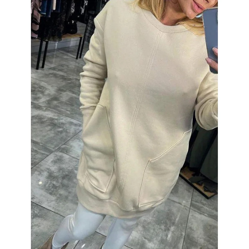 Women Sweatshirts Dress Long Sleeve Oversized Solid Color Outdoor Chic Pullover Top T-Shirt Hip Pack Dress