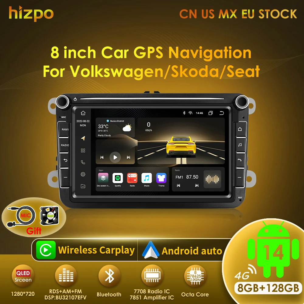 Hizpo 8' 2 Din Android Auto Autoradio GPS 4G WiFi Carplay für VW / Volkswagen Skoda Octavia Golf 5 6 Touran Passat B6 Polo Jetta