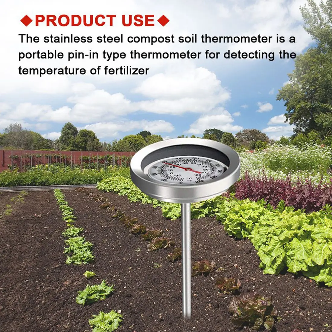 Long Stem Compost Soil Thermometer - Fast Response Stainless Steel 20 Inch - Measuring Probe - Fahrenheit and