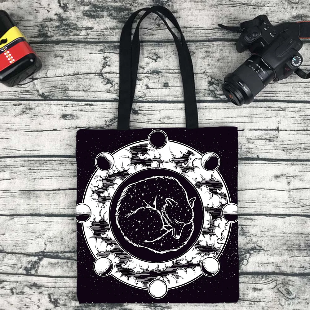 White Black Sun Moon Mandala Starry Sky Print Eco Tote Bohemian Shopper Gypsy Psychedelic Witchcraft Astrology Handbags Purses