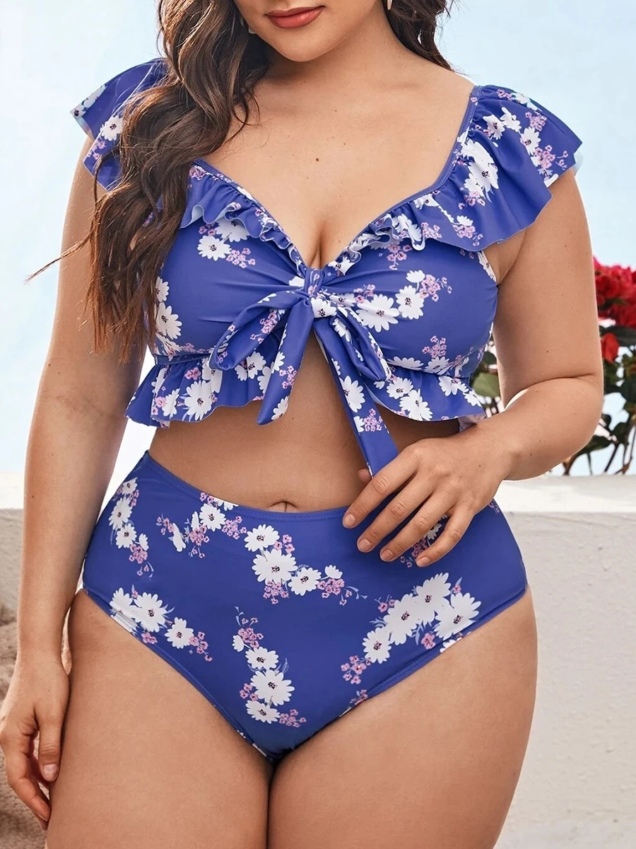 2026 Duże bikini plus size z nadrukiem i falbankami, strój kąpielowy damski z wysokim stanem, kostium kąpielowy dla kobiet, strój do pływania