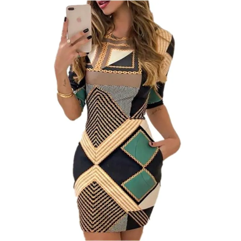 2024 Spring Summer New Women\'s Fashion Slim Pocket Positioning Floral Print Mid-Length Sleeves Dress High Waist