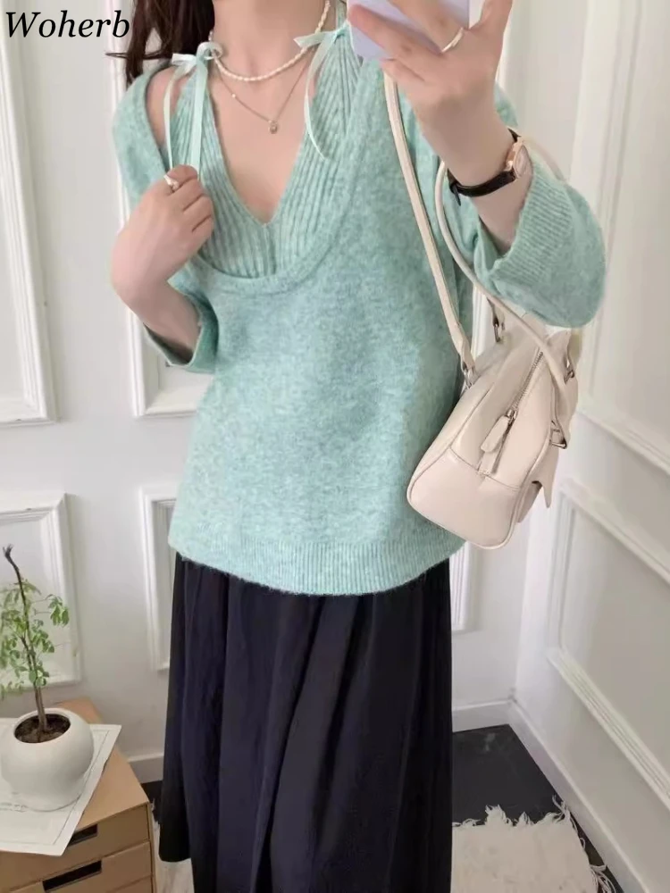 

Korean 2 Piece Sets Long Sleeve Korean Pullover + Sexy Halter Bow Slim Fit Vest Suit Roupas Femme Fashion Knitted Solid Outfits
