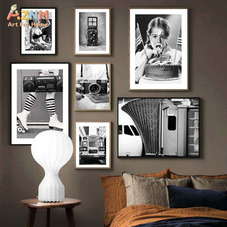 AZNM Frameless Canvas Poster Black White Vintage Photography Print, Retro Camera Roller Skate Lifestyle Picture Modern Aesthetic