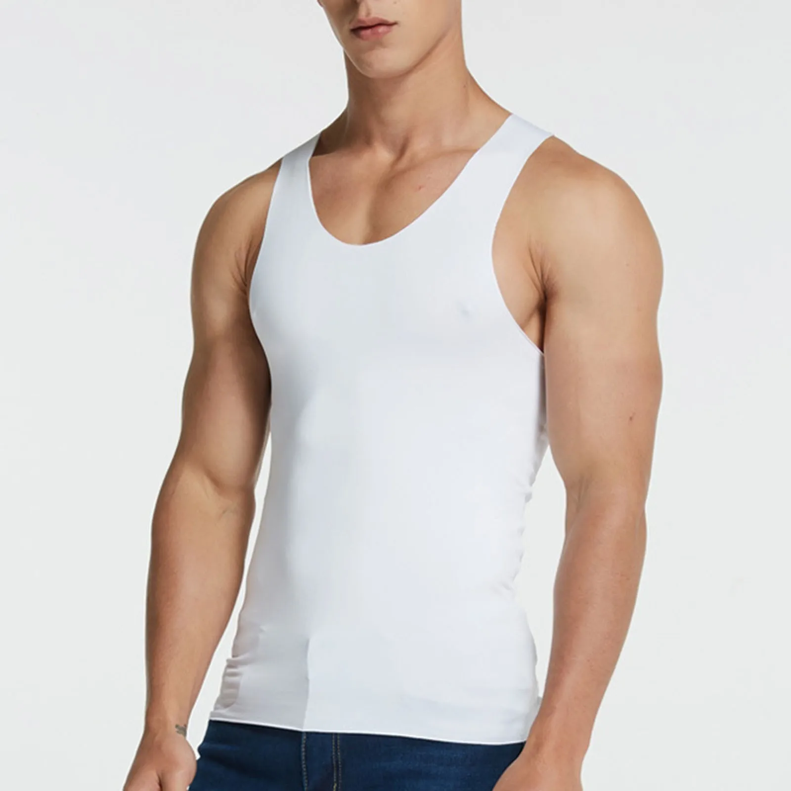 Men\'s Ice Silk Sports Vest Quick Dry Breathable Fitness Seamless Tee Shirts Summer Narrow Shoulder Sleeveless Tank Tops T Shirt