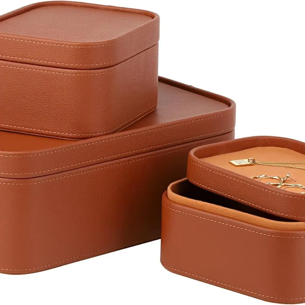 

Brown Faux Leather Storage Boxes with Lids, Dustproof Organizer Bins for Home, Office, and Jewelry (Set of 3)