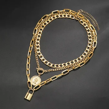 पीस/सेट विंटेज कॉइन लॉक पेंडेंट नेकलेस महिलाओं और पुरुषों के लिए एलिगेंट गोल्ड सिल्वर रंग यूनिसेक्स नेकलेस सेट फैशन हिप हॉप ज्वेलरी 10 best sales हार का ढेर - №8