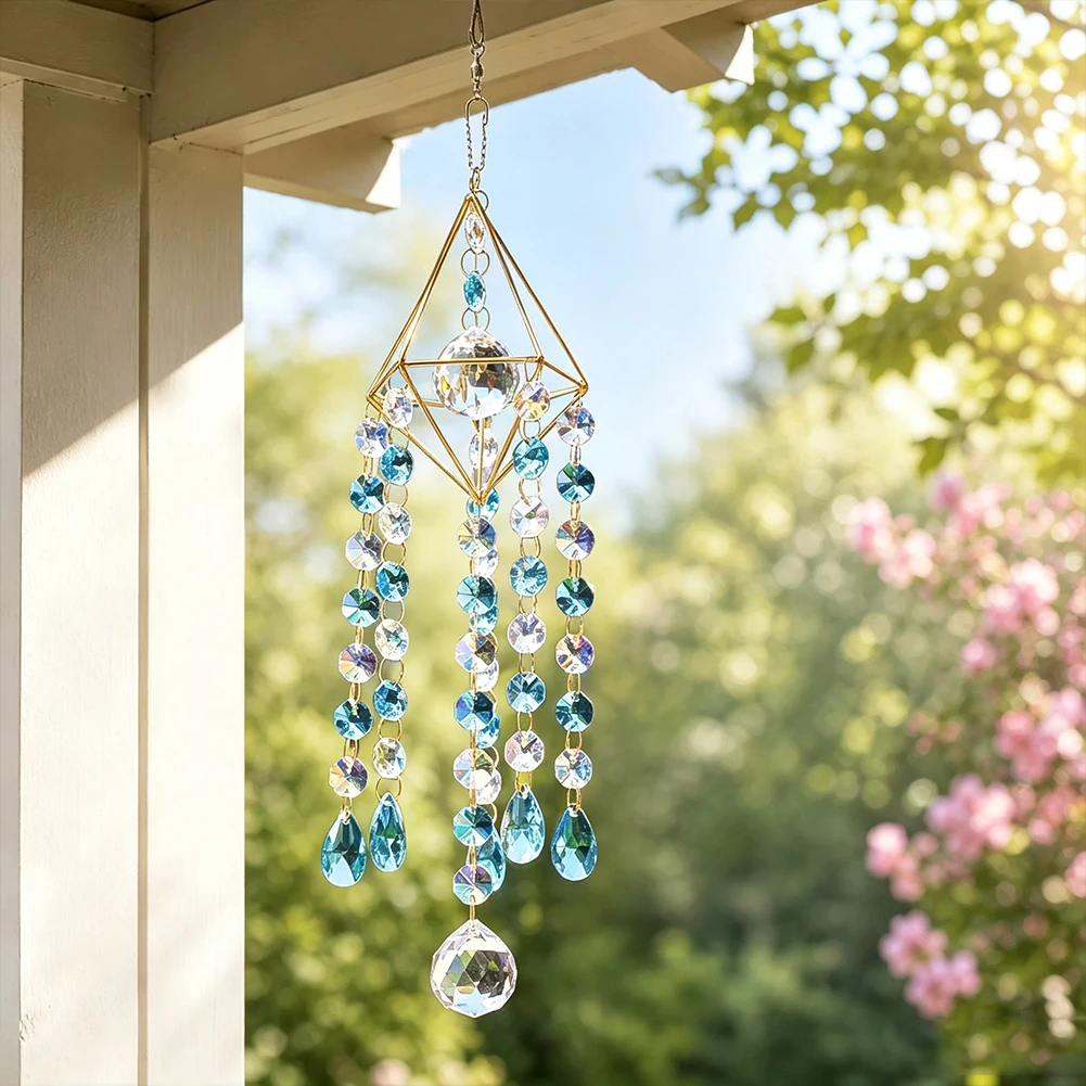 Kristall-Sonnenfänger-Hängeornament, blaue Prismenperlen, geometrischer Metallrahmen, Lichtfänger für Fenster, Heim-, Veranda-, Terrassen- und Wanddekoration, Geschenk – Detail 2