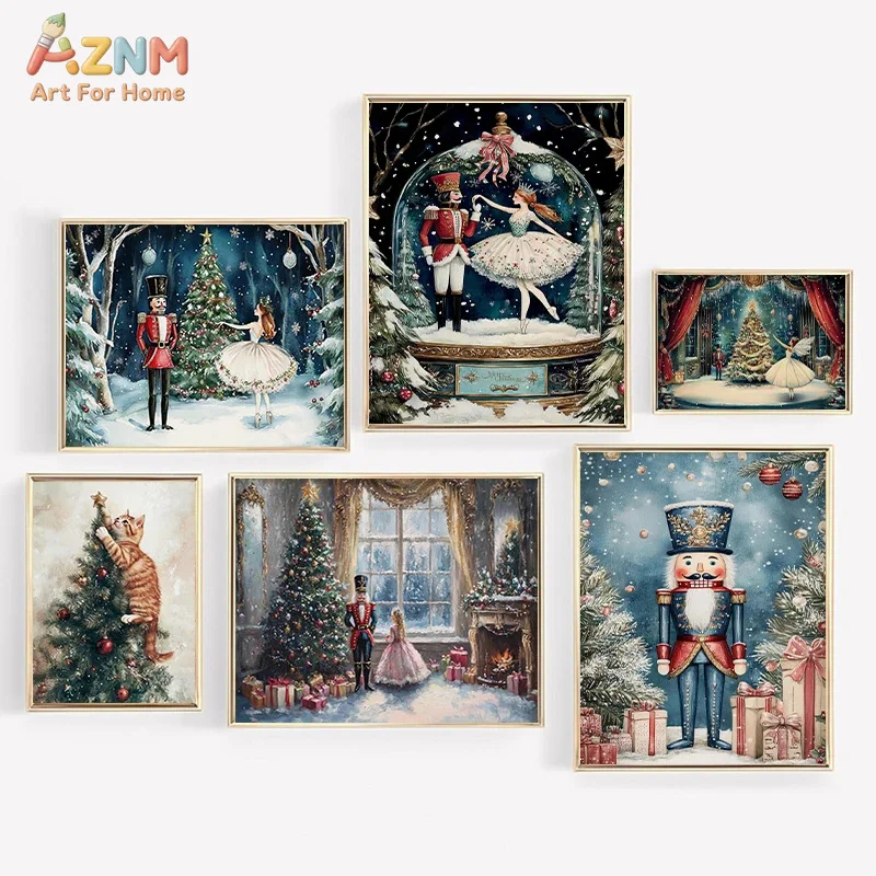 AZNM - Cuadro decorativo de lienzo vintage con diseño de Cascanueces y Ballet, estampado de bailarina y gato navideños para decoración del hogar en épocas festivas