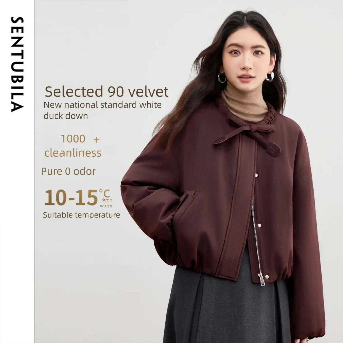 

SENTUBILA Women's Short Down Jacket 2025 Winter New O-neck Loose Down Coats Pocket Zipper Elegant Commute Outerwears W54YC2031