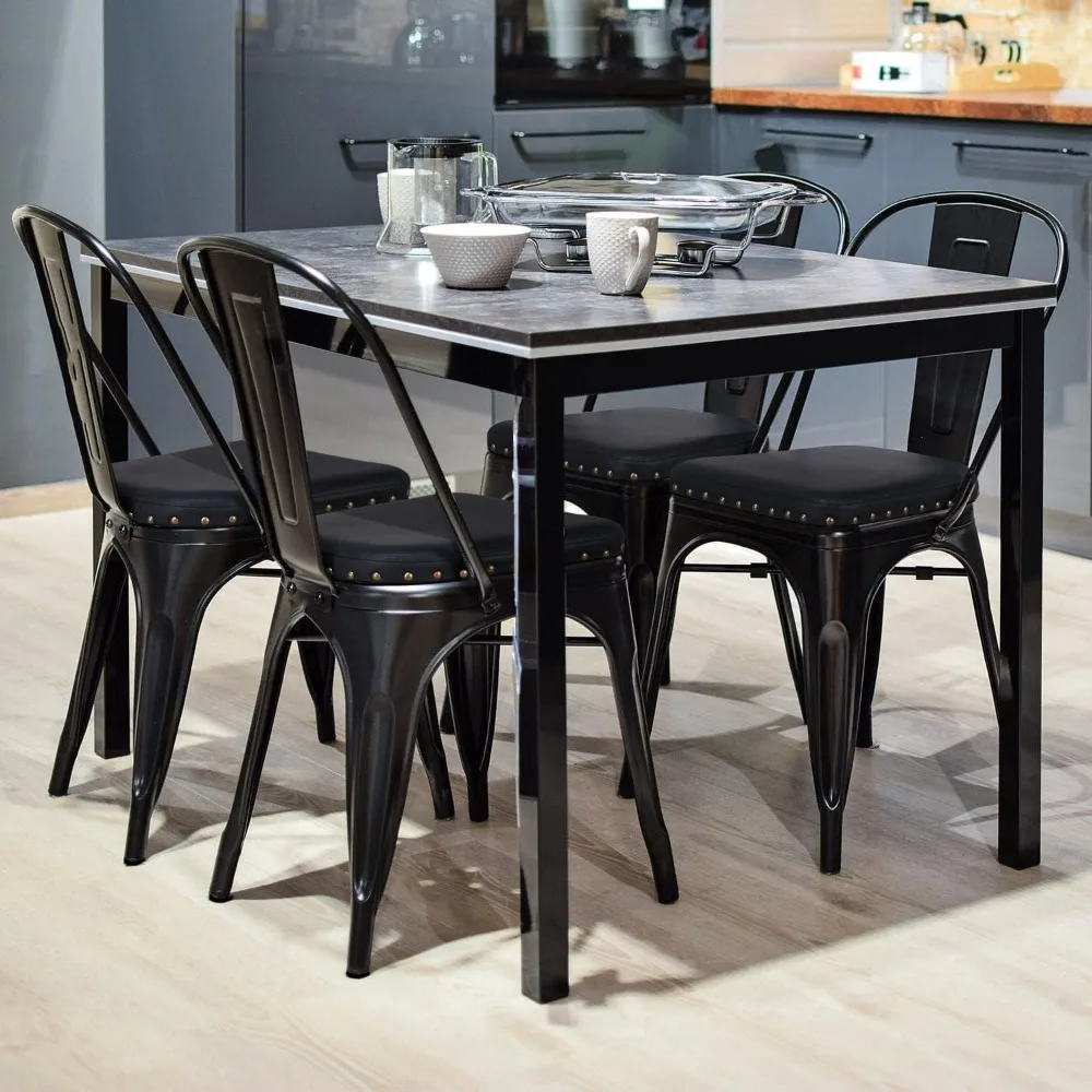 4pcs Metal Dining Chairs with PU Leather Seat High Back Soft Cushioned Industrial Classic Iron Chairs Chic Dining Bistro