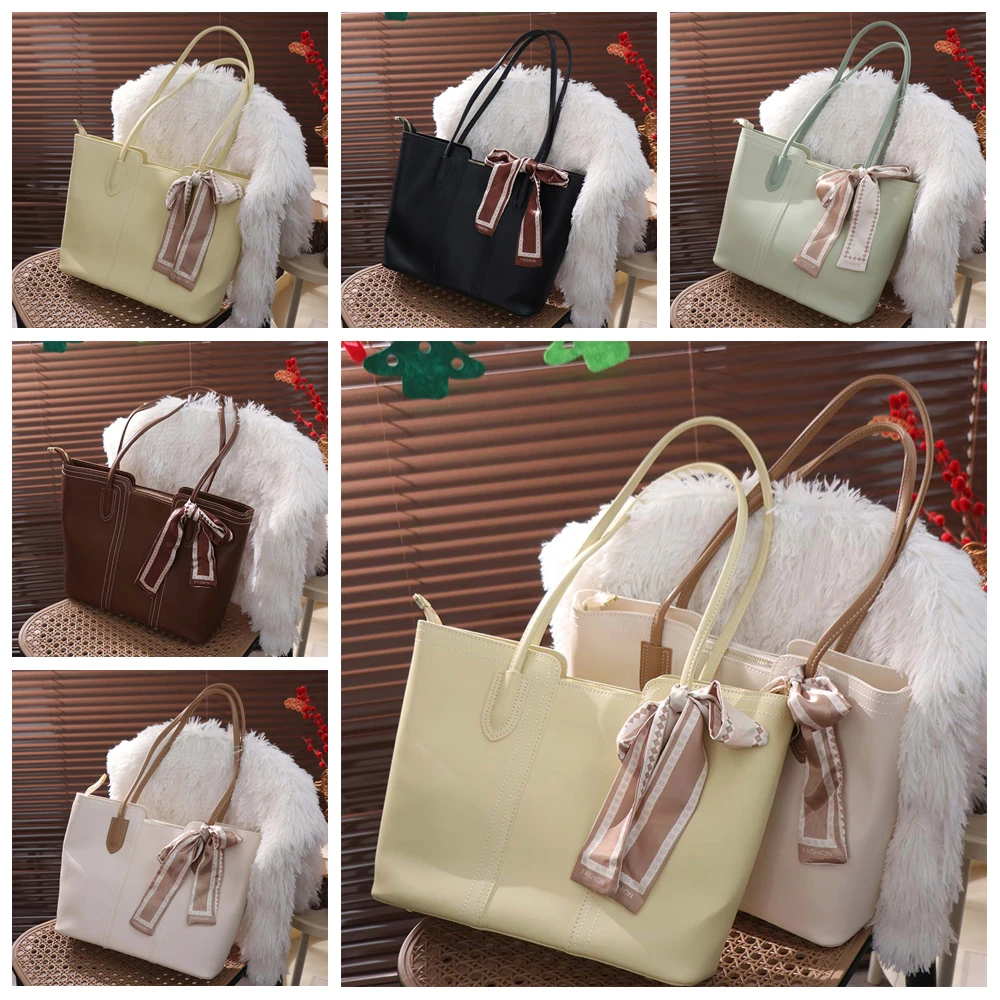 Fashionable Korean Style Tote Bag Casual Silk Scarf One Shoulder Bag Polyester Solid Color Women Handbag School