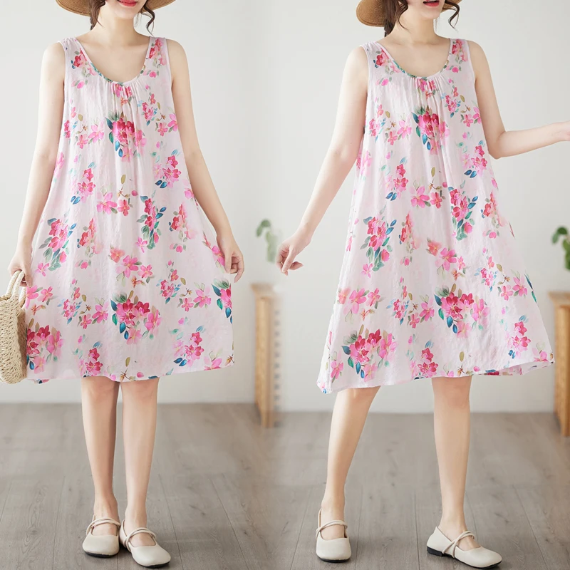 Gaun Midi Katun Linen Motif Cetak Ukuran Besar Model A-Line Longgar untuk Wanita, Cocok untuk Kerja dan Santai