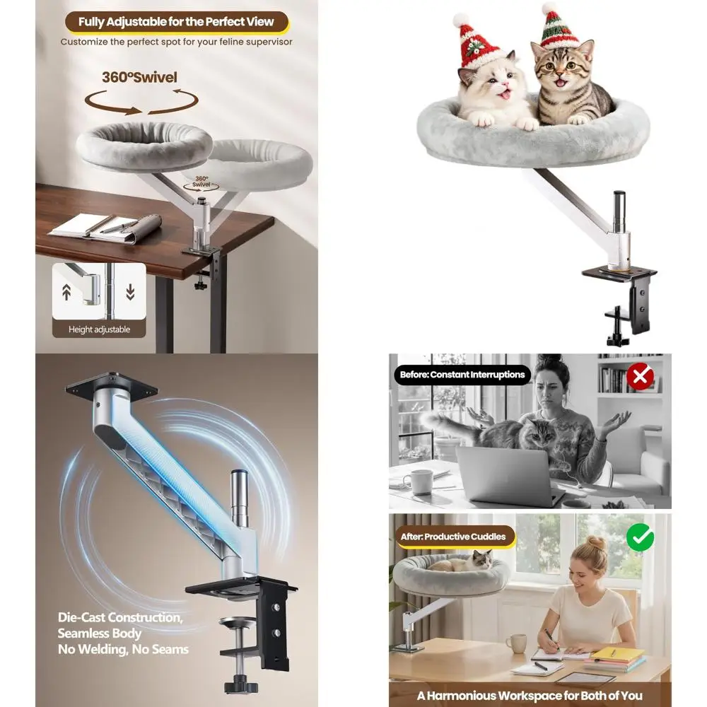 

360° Swivel & Height-Adjustable Desk Cat Bed, Up to 45 lbs, Compact Perch with Removable Washable Cover and Wooden Base