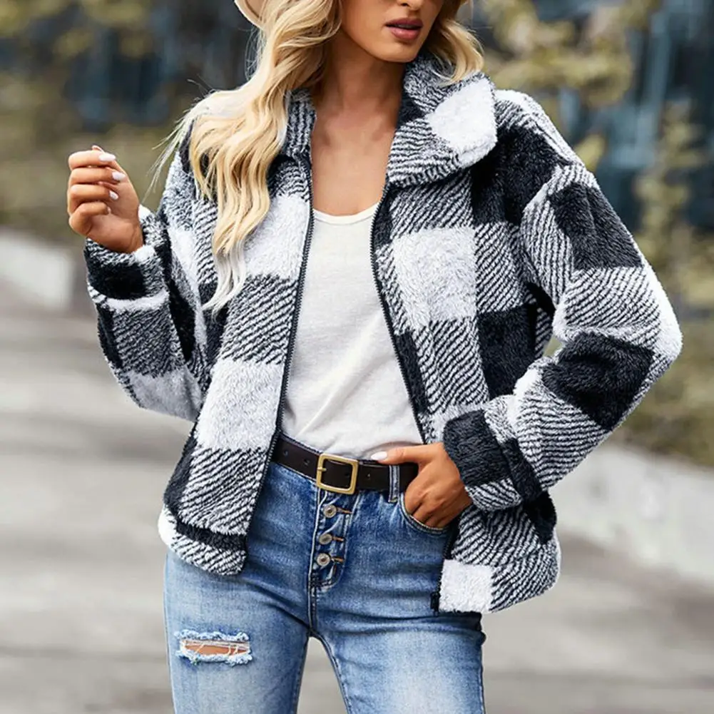 

Lapel Slant Pockets Zipper Placket Women Cardigan Autumn Winter Plaid Print Plush Overcoat Female Clothing Jackets Chaquetas