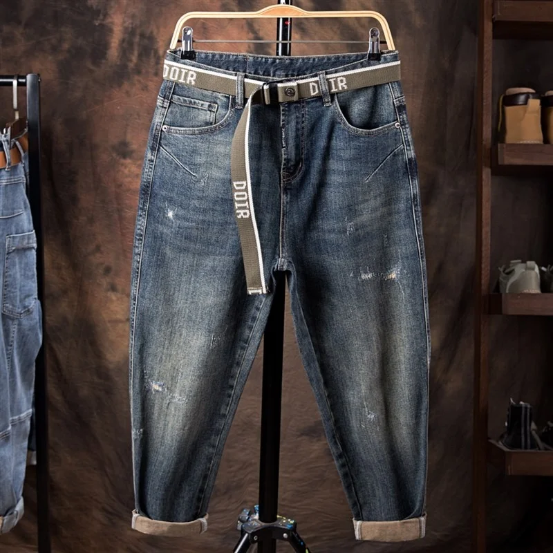 

Men's Autumn Winter Thiened Fce Casual Jeans Bell Bot Harlan Pants Large Size Loose Fit Torn Hole American Sle