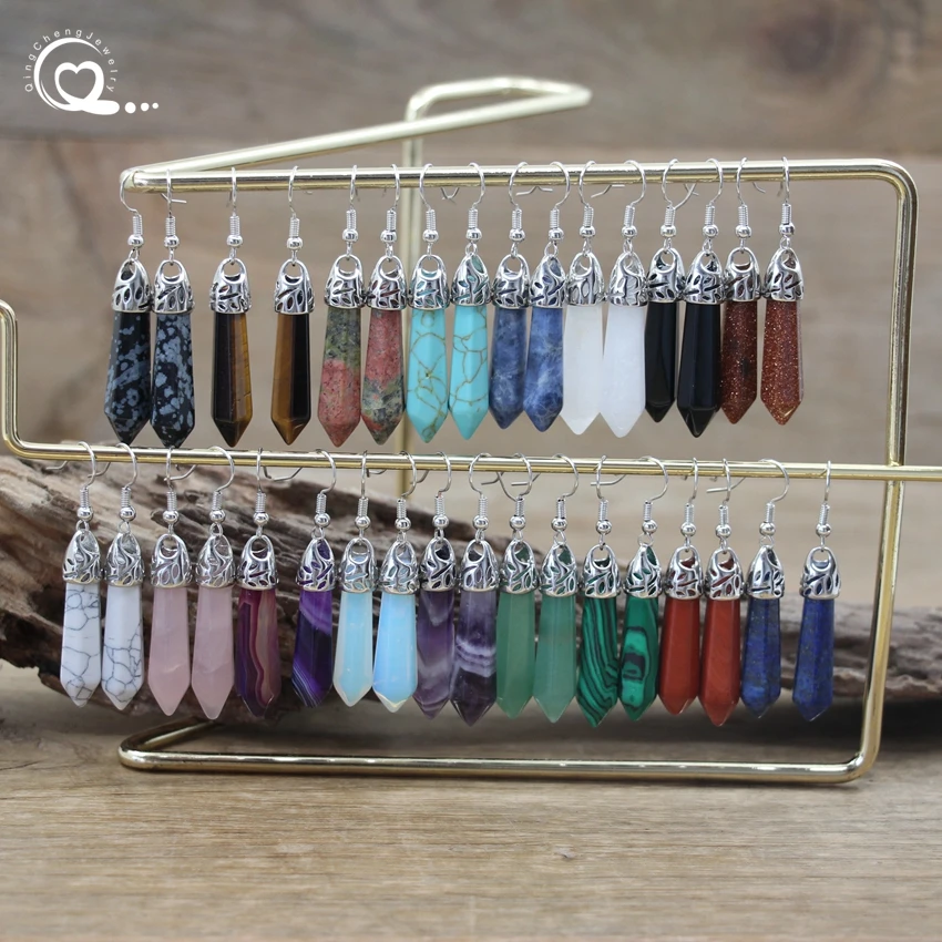 Natural Stone Hexagonal Quartz Hook Earring Healing Crystal Point Women Gift Dangle Earring Reiki Amethysts Lapis Jewelry QC7001