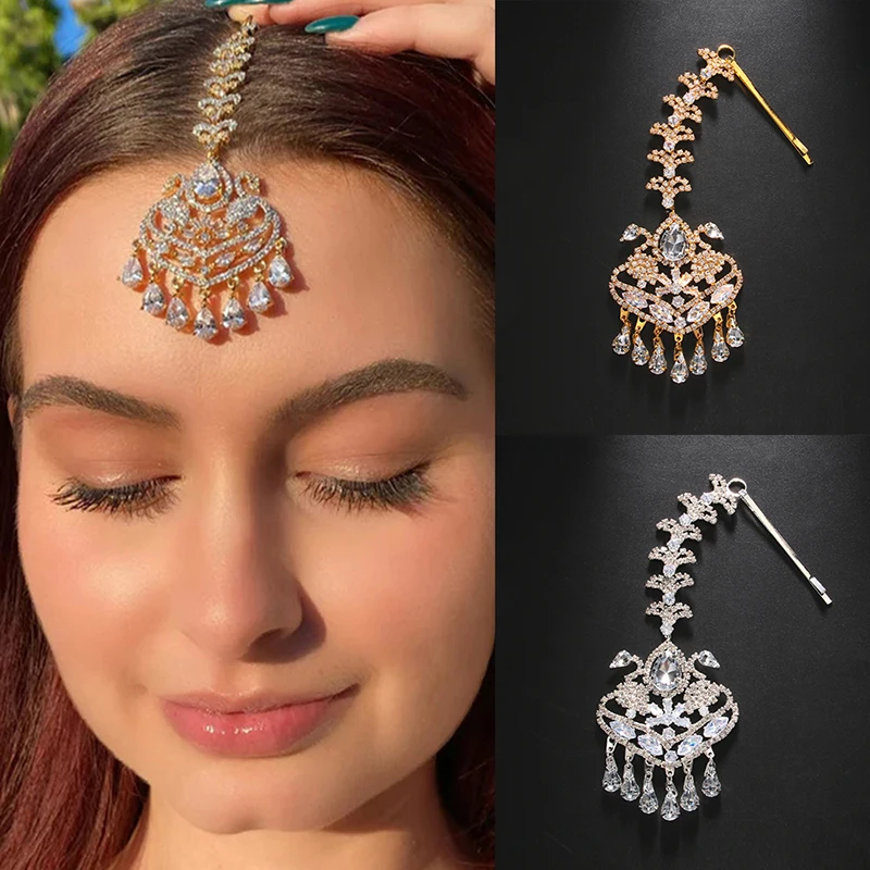 Elegant Geometric Forehead Chain Indian Wedding Decoration Bohemian Tassel Rhinestone Headpiece Women Hair Jewelry