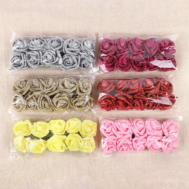 5Pcs Glitter Gold Silver Rose Red Pink Artificial Rose Flowers Foam Fake Faux Flowers for DIY Scrapbooking Gift Box Decorations