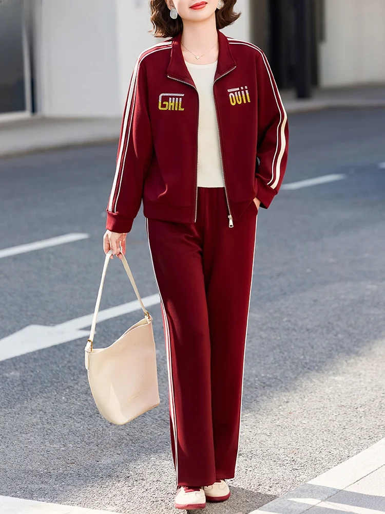 Conjunto de Duas Peças Estilo Mãe Tucano, Moda Esportiva para Mulheres de Meia Idade, Casaco e Calças Casuais para Primavera,...