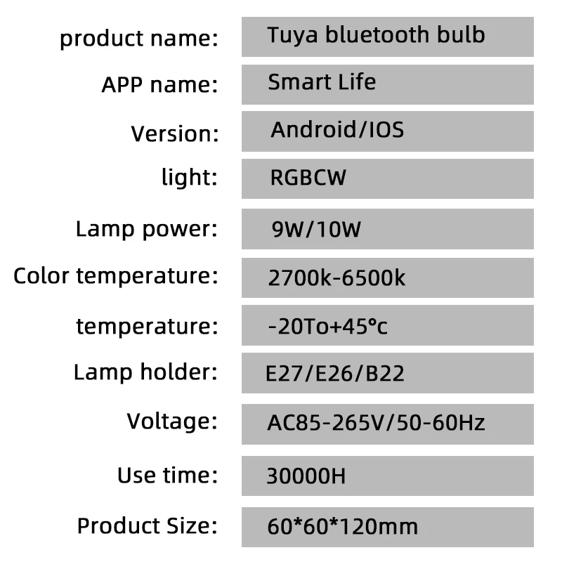 Tuya Bluetooth LED Bulb Smart Life APP Control dimmerabile 9W E27 220V RGB + CW + WW lampada cambia colore compatibile IOS/Android