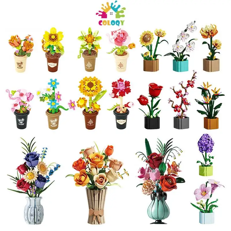 

13033-13069 Flower Language Potted Plants Flower Building Blocks Children's Gifts Assembling Girls' Toys Desktop Ornaments