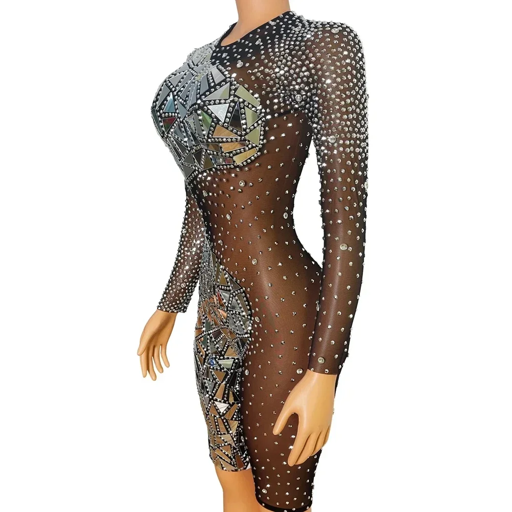 Vestito da compleanno per feste da sera da donna Costume da ballo Sexy con prestazioni in rete specchi scintillanti strass d'argento body in rete nera