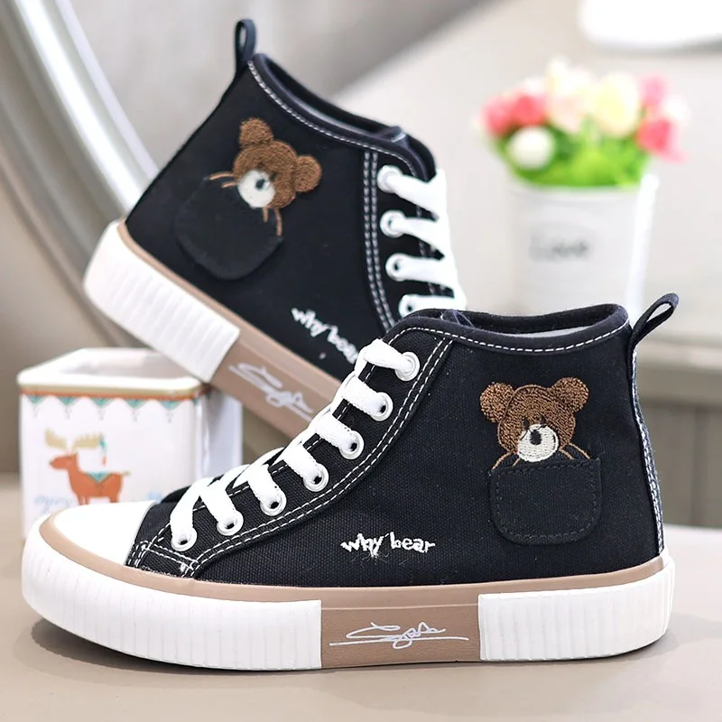 New 2024 Women\'s Shoes Summer Canvas Shoes Women Little Bear High Gang Lace Up Running Flats Shoes Women Comfort Casual Sneakers