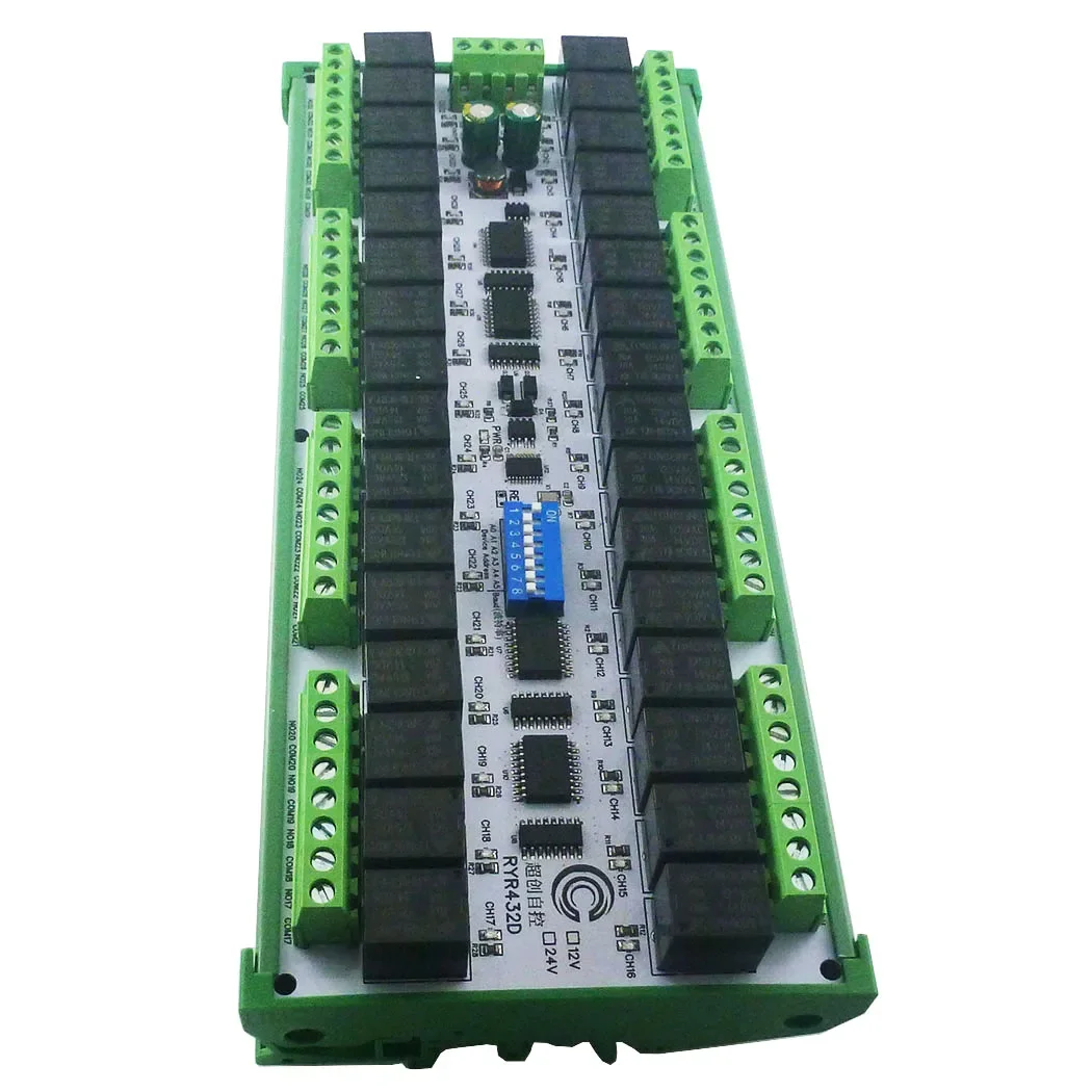 Easy to Install DIN Rail Box DIP Switch Setup Parameters DC 12V 24V 20A 32CH Modbus RTU RS485 Relay Module RYR432D