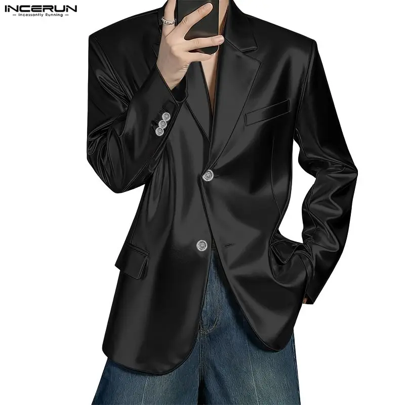INCERUN Mannen Blazer Effen Kleur Glanzende Revers Lange Mouw Knop Mannelijke Pak Streetwear Party Nachtclub Fashion Casual Dunne Jassen Mannen