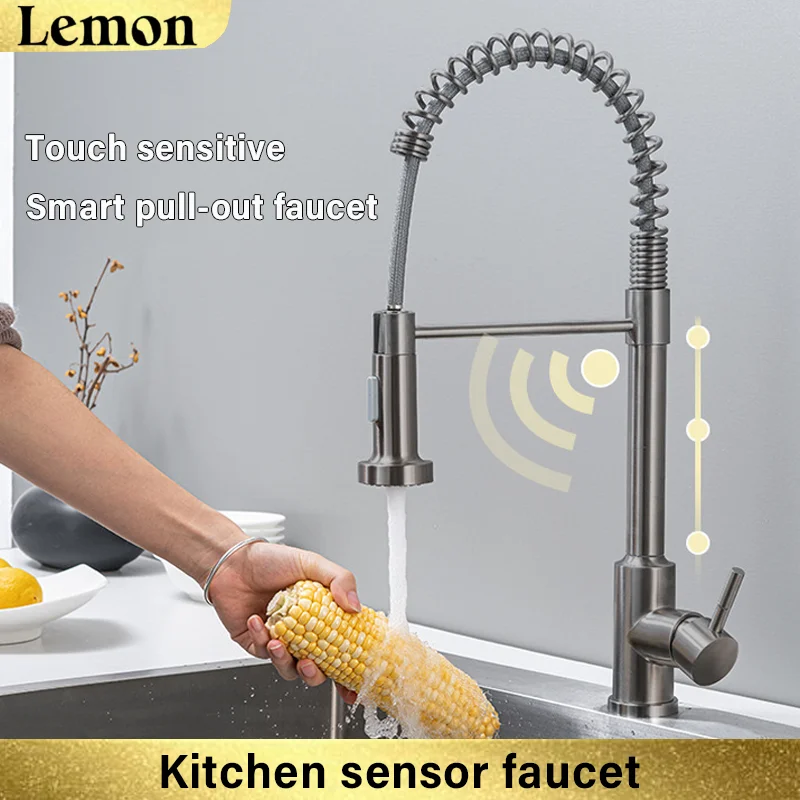 Touch kitchen faucet with pull down sprayer, hot and cold water faucet 304 stainless steel induction touch kitchen faucet