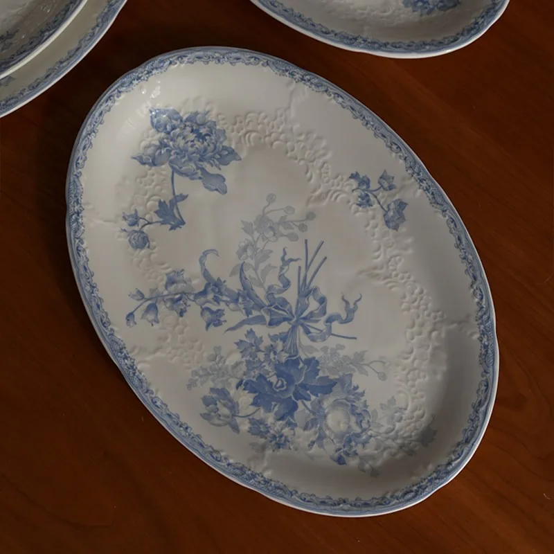 Nordic Modern Ceramic Plate Middle Aged Milk Blue Painted Floral Cake Dessert Plates Afternoon Tea Tableware Oval Dinner Plate