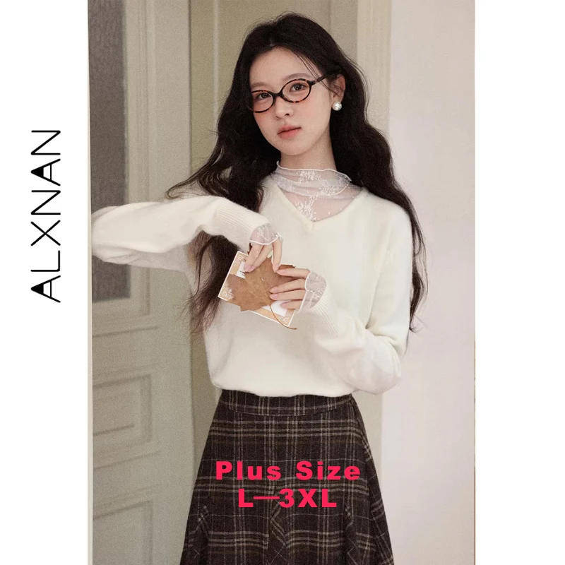 

ALXNAN Plus Size Turtleneck Lace Knit Sweater Women Autumn Winter Slim Fit Pullover Warm Basic Long Sleeve Jumper Tops D59716