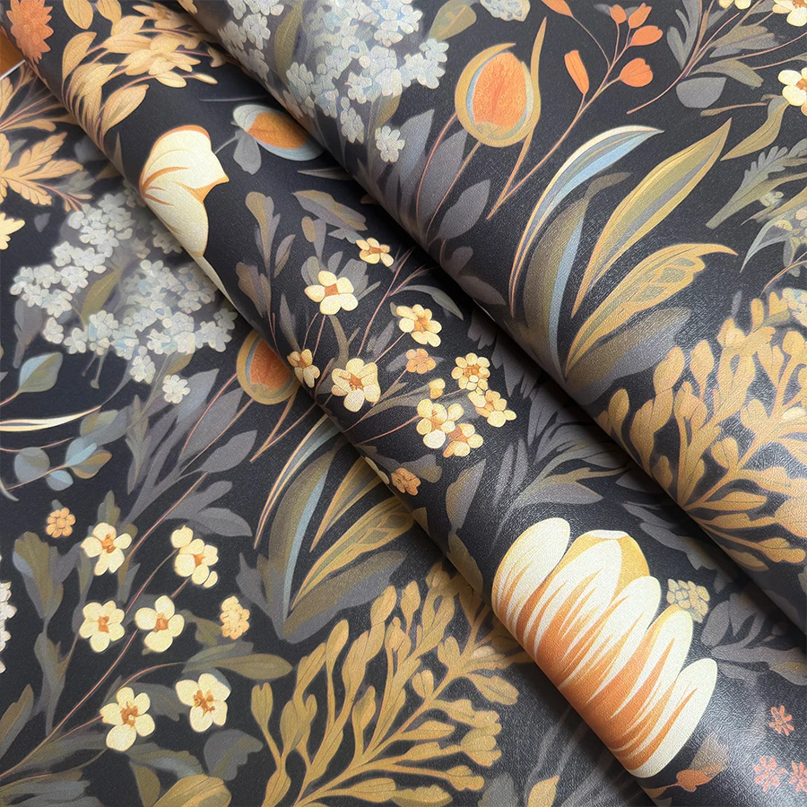 Vintage Dark Floral Peel and Stick Wallpaper, Black Background Botanical Flower Removable PVC Wallpaper for Bedroom Cabinet Deco