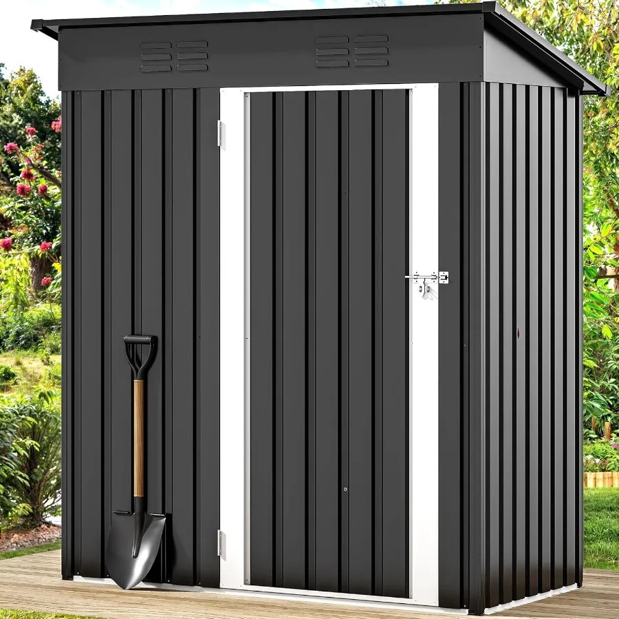 سقيفة تخزين خارجية معدنية شديدة التحمل مقاس 5 × 3 أقدام مع باب قابل للقفل وتهوية تصميم مقاوم للماء لتخزين أدوات الدراجات #4