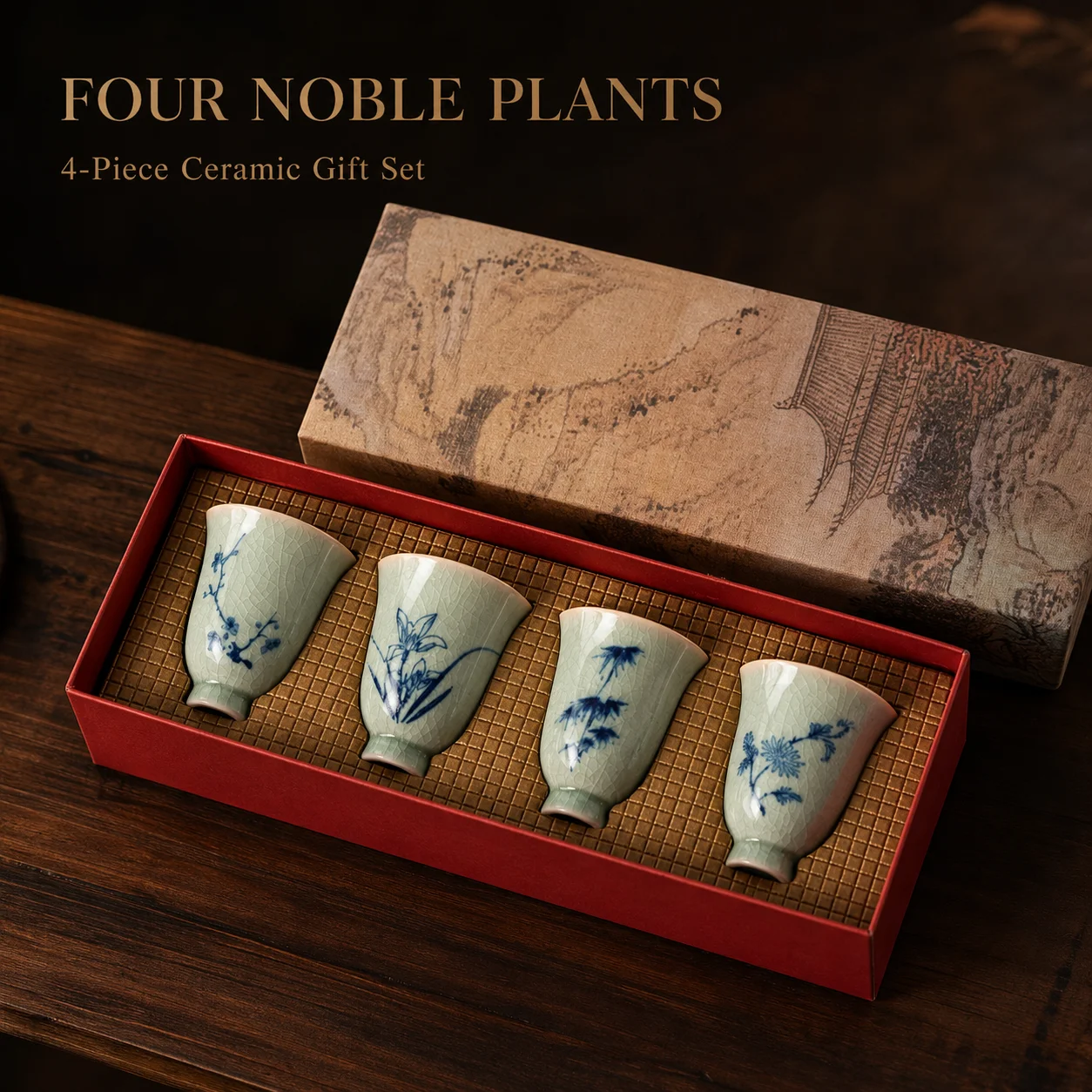 Unique Chinese Four Noble Plants Ceramic Tea Cup for Kungfu Tea - Premium Handmade Heat Resistant Durable Non-slip Gift Box Set