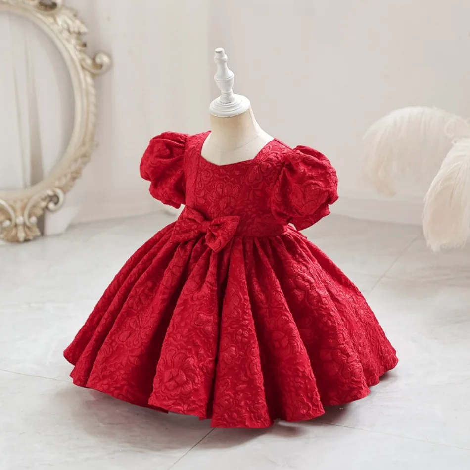 Girls Red Lace Jacquard Dress with Puff Sleeves and Bow Kids Formal Gown for Birthday Party Banquet and Family Gatherings BX35