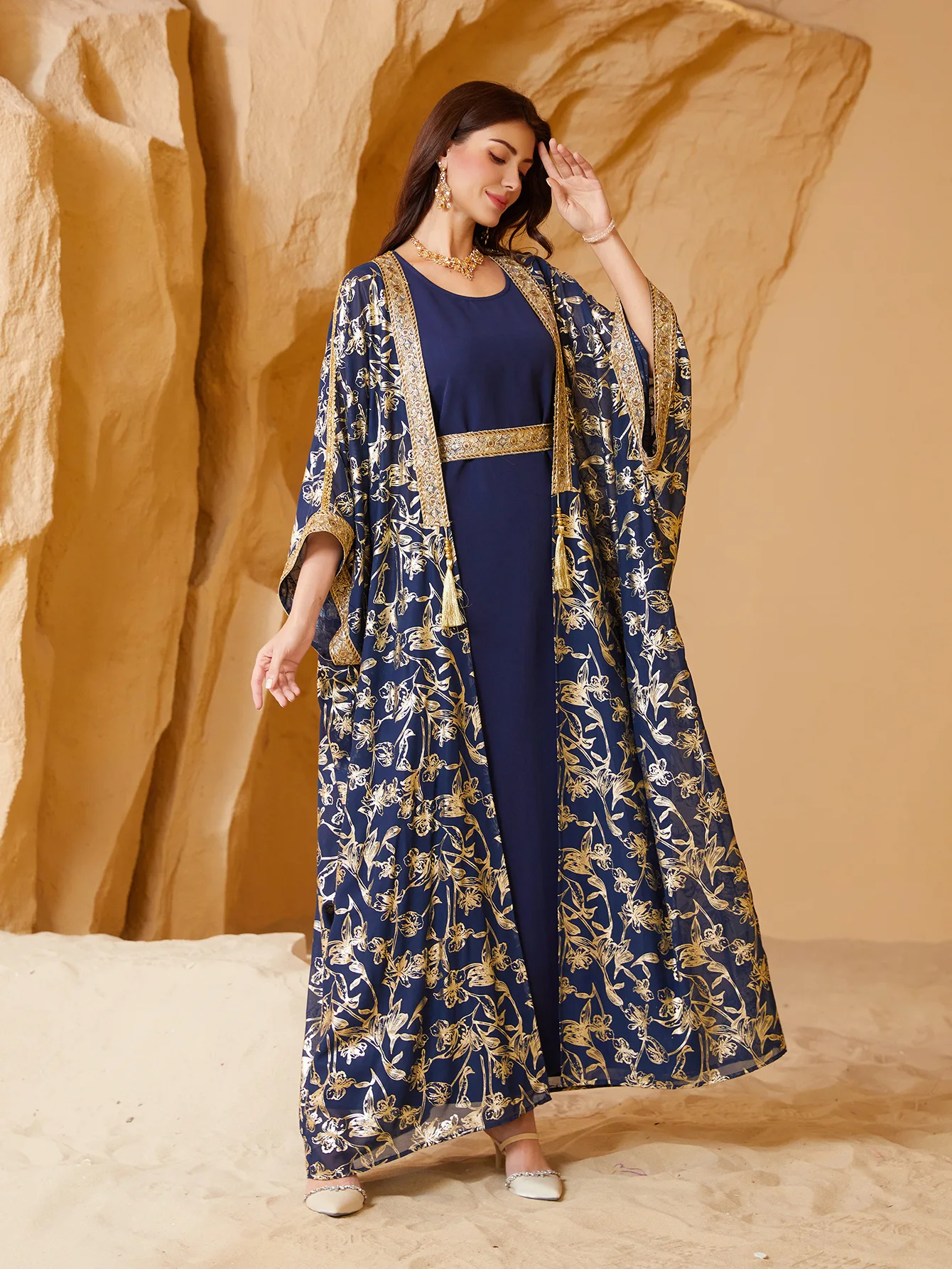 

Eid Muslim Dress for Women Abaya 2 Piece Set Party Musulman Ensembles Arab Long Robe Dubai Kaftan Vestidos Jalabiya Ramadan