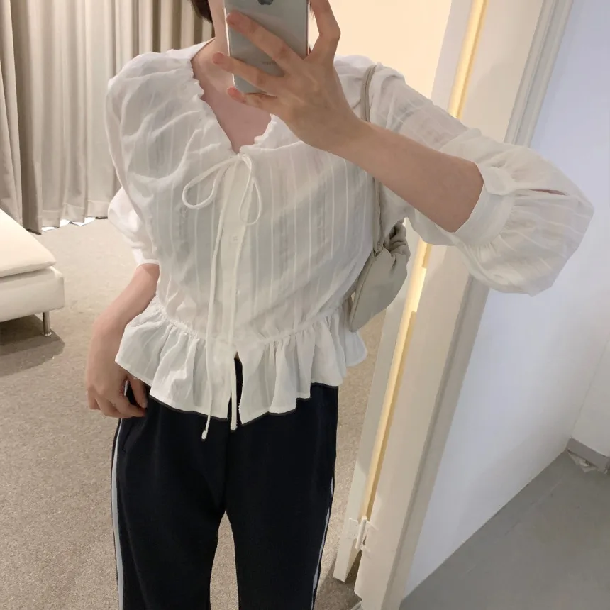 

Korean Sle Chic Sweet V-Ne Dstring Anti-Aging Long Sve Women's irt Faionable Versatile Top Commute Sle Loose Fit