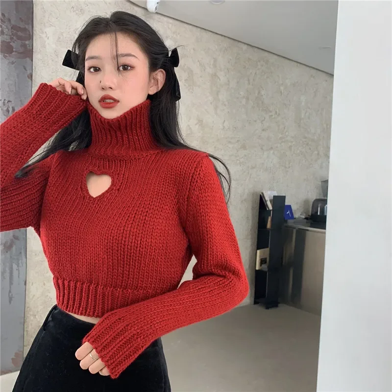 

Women's Cropped Sweater Hollow Out Heart Sweater Sweet Solid Long Sleeve Pullover Women's Knitted Short Sweater Sweet