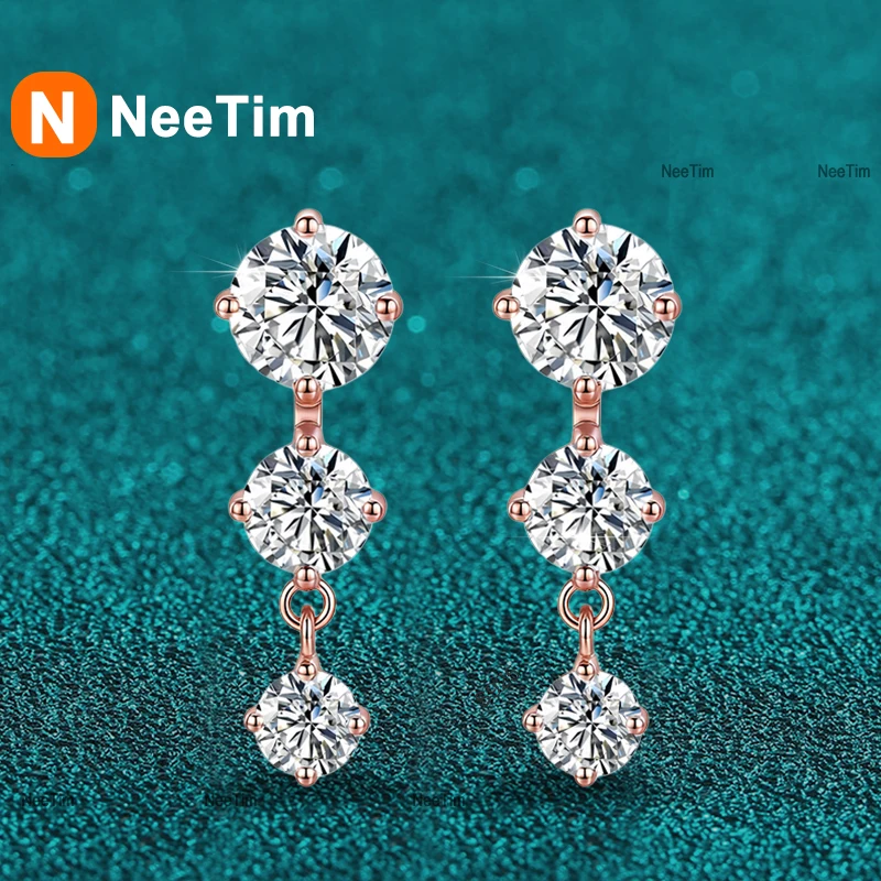 NeeTim Full Moissanite Stud Earrings For Women 925 Sterling Silver With Gold Plated Sparkling Wedding Studs Women's Earrings