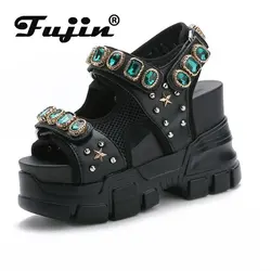 Fujin 10cm Synthetic Genuine Leather Summer Women's Sandals Platform Wedge Platform Breathable Rhinestone Moccasins Hook Shoes