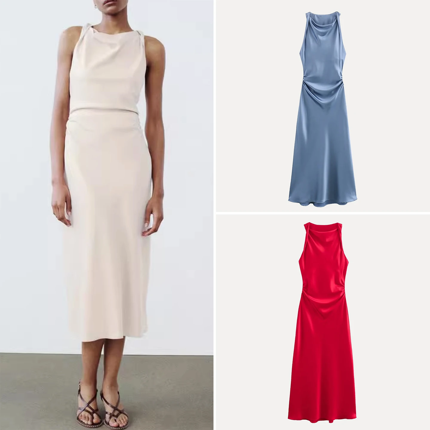 엘리 실크 새틴 여성용 조끼 롱 드레스 미디 스커트 슬레 지퍼 클로저 H라인 폴리에스터 섬유 노 슬리브 라운드 넥 데일리...