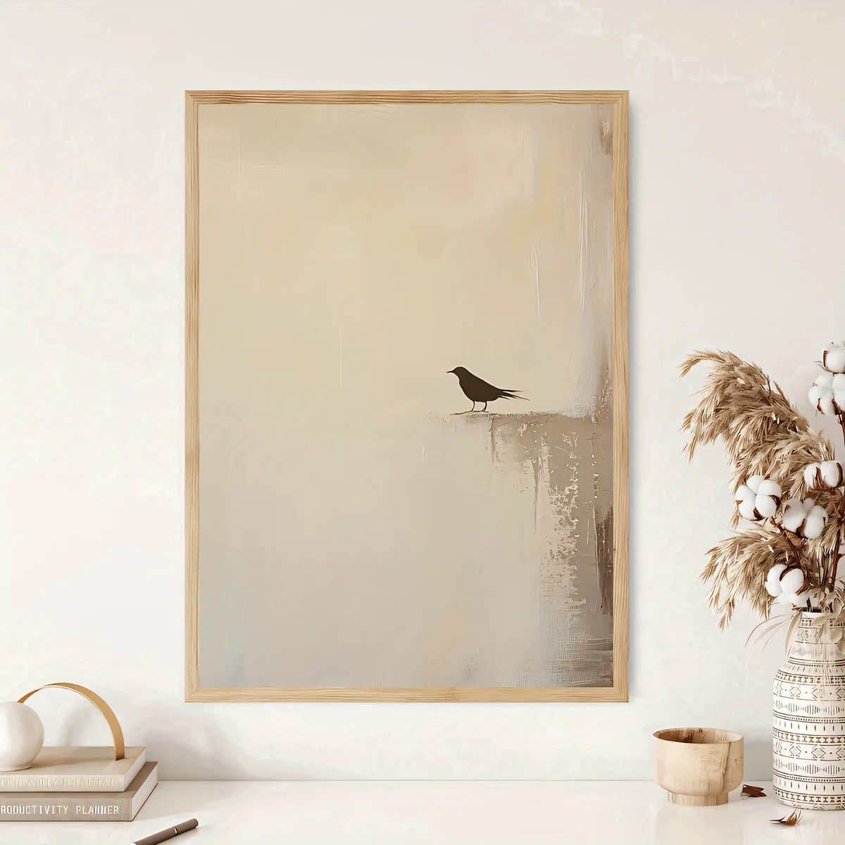 2D Flat, 1pc Frameless Minimalist Art Pure Beige Posters, Beige Bird Abstract Canvas Painting, Creative Wall Art, Birthday Pr