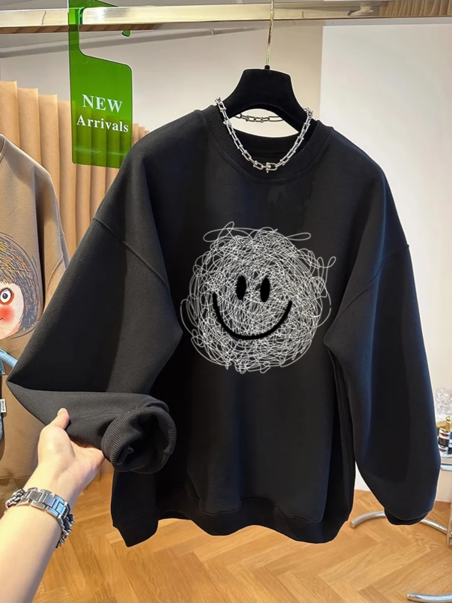 Sweat-shirt rétro américain pour femmes, grande taille 300 Pou, printemps-automne, fin, ample, petite taille, haut confortable et respirant en coton