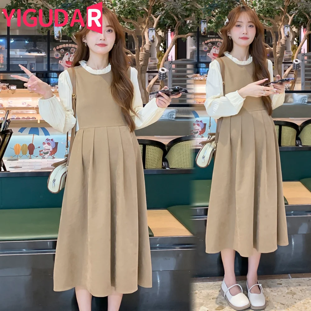 Korean Style Maternity Dress Long Sleeve O-neck Stretched Pregnant Woman Clothes pregnancy photoshoot Dress Autumn vestidos