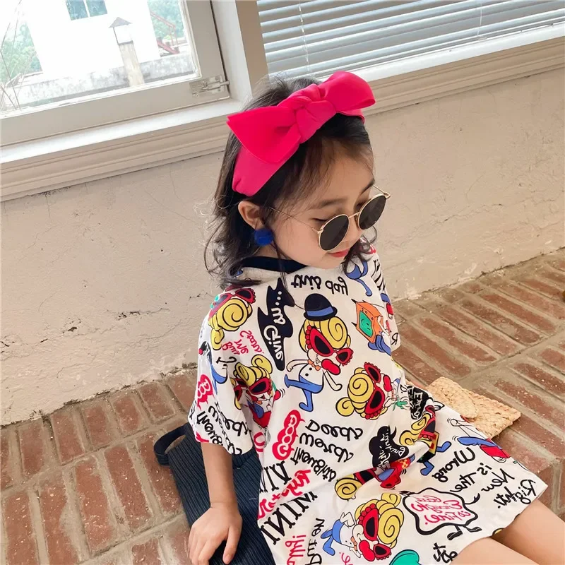 2024 Summer Girls Long T-shirt Medium Long Sleeved Fashionable Contrasting Color Dress Children\'s Casual Dress  Kids Clothes